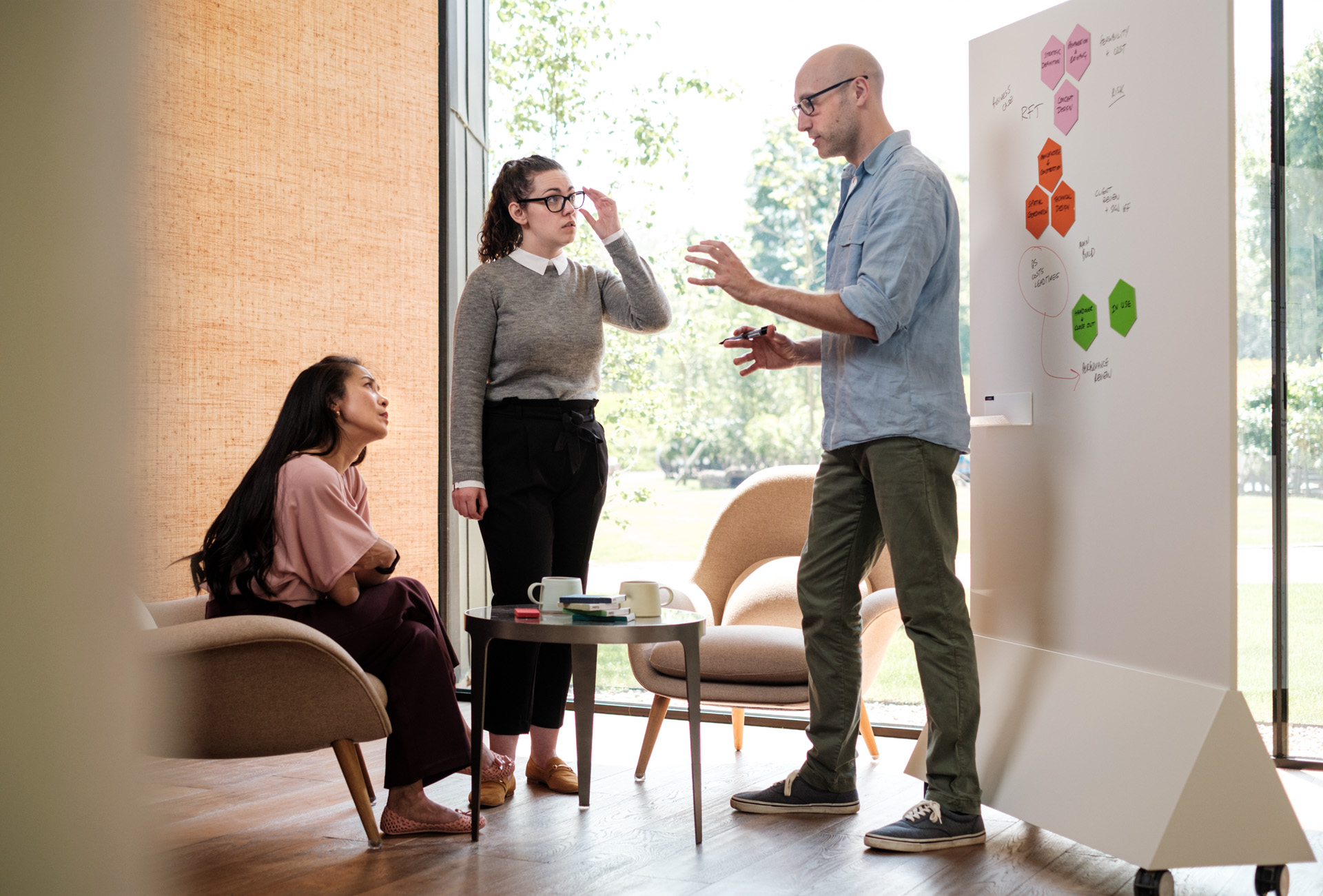 Mobile freestanding whiteboard in use
