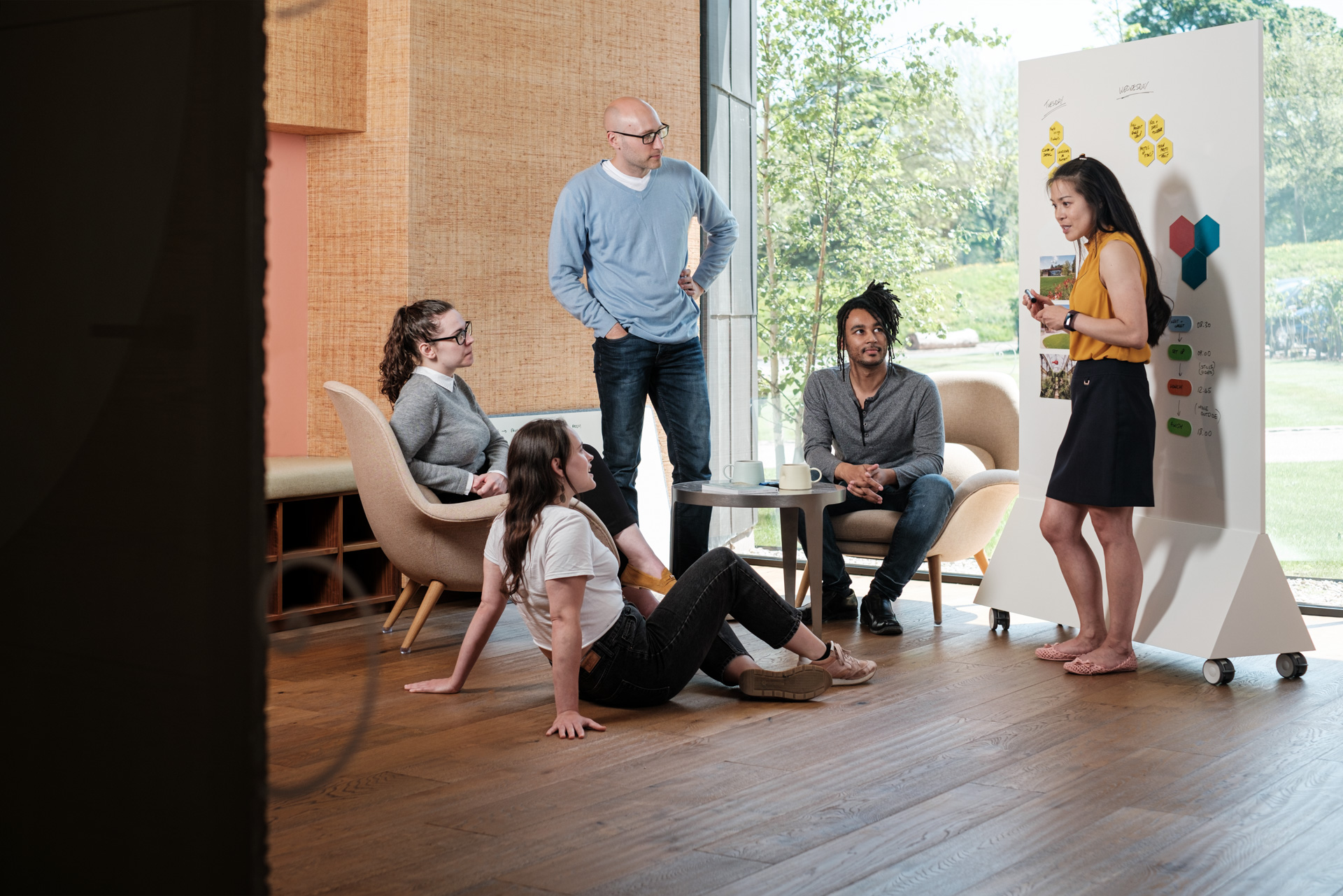 Team using ThinkingWall Freestander whiteboard