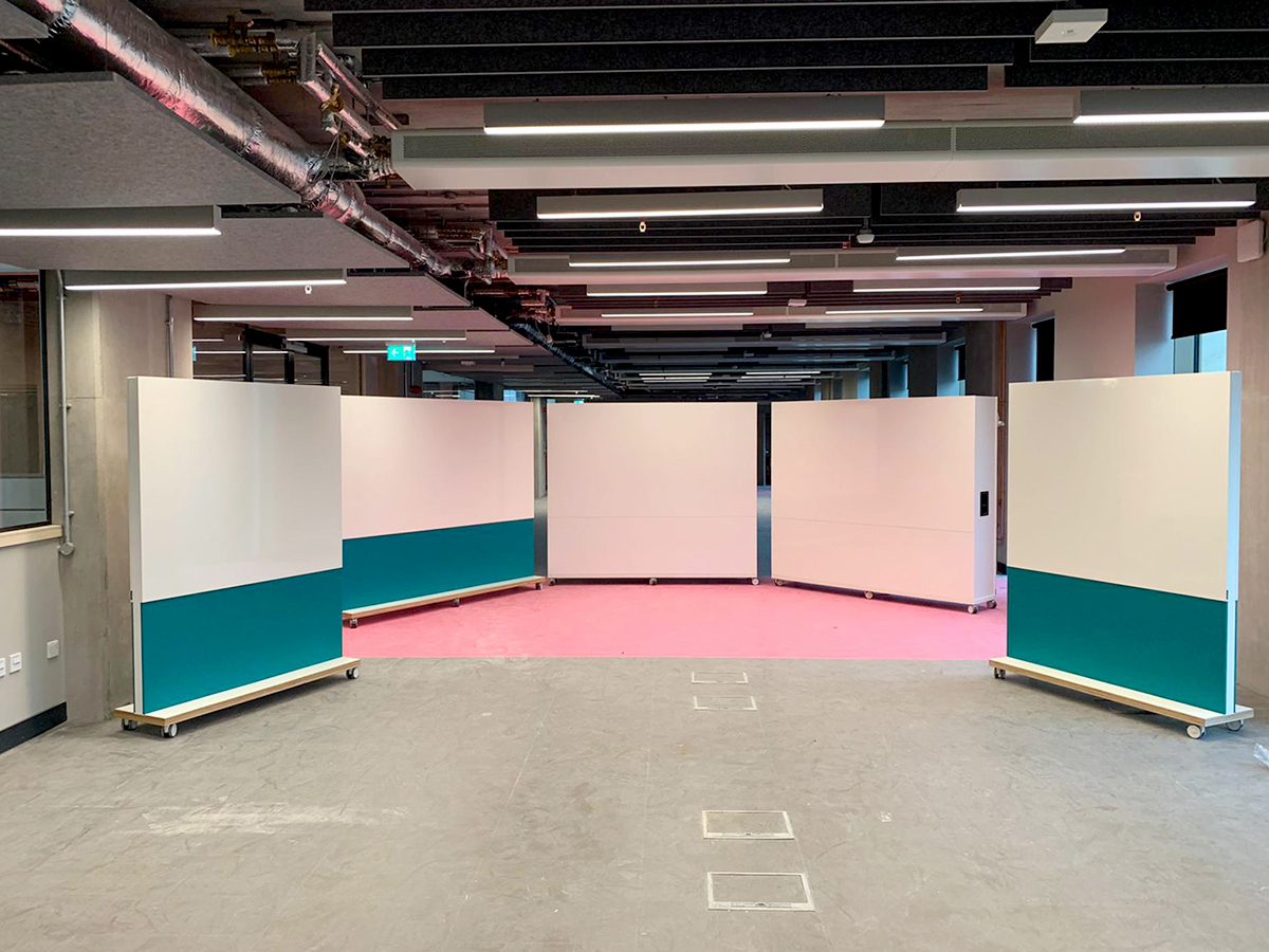 Mobile freestanding acoustic whiteboard walls and large whiteboard divider walls