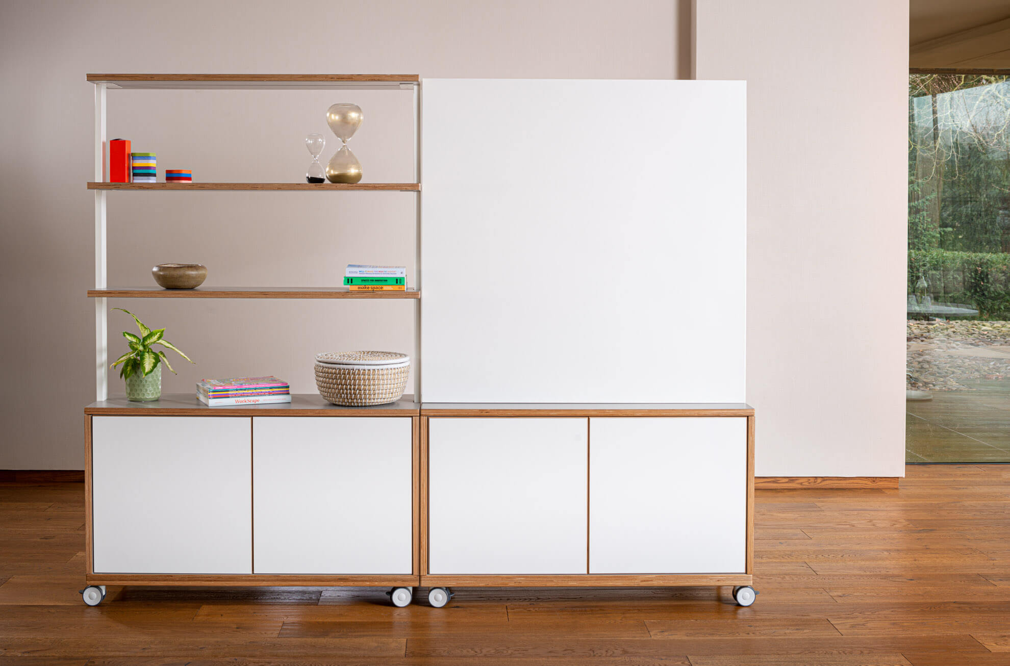 Mobile whiteboard storage units with built in cupboards