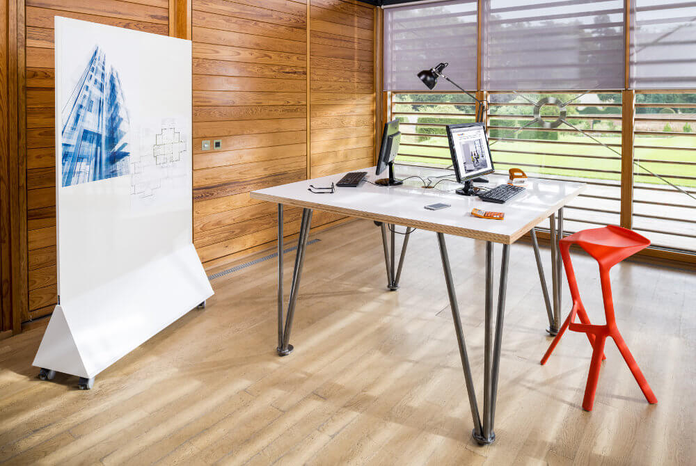 standing height dry wipe desk with hole for cables