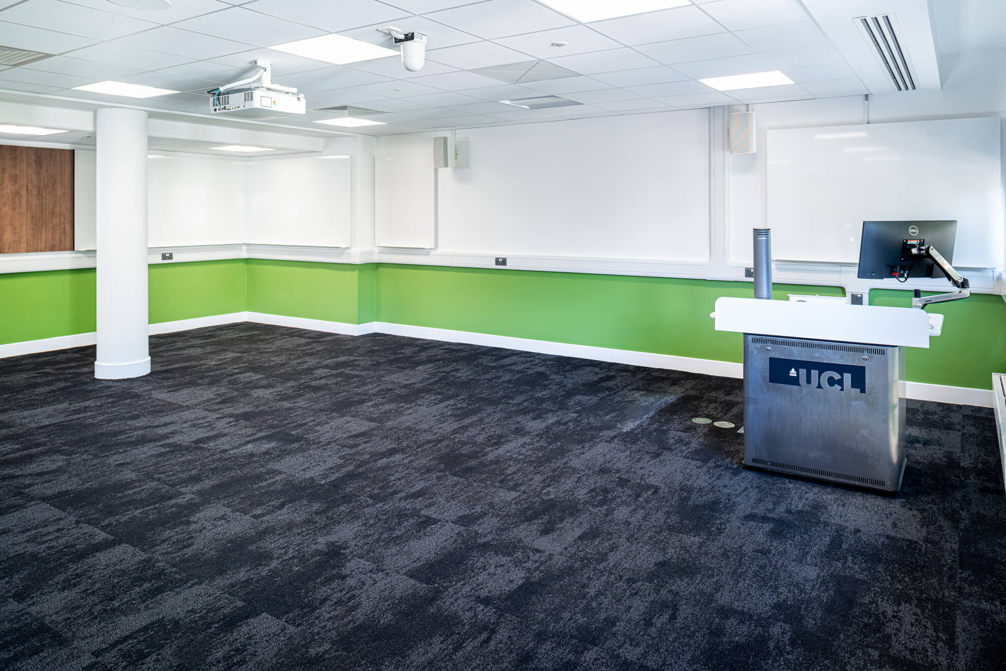 Whiteboard and acoustic wall in a large teaching room at University College London