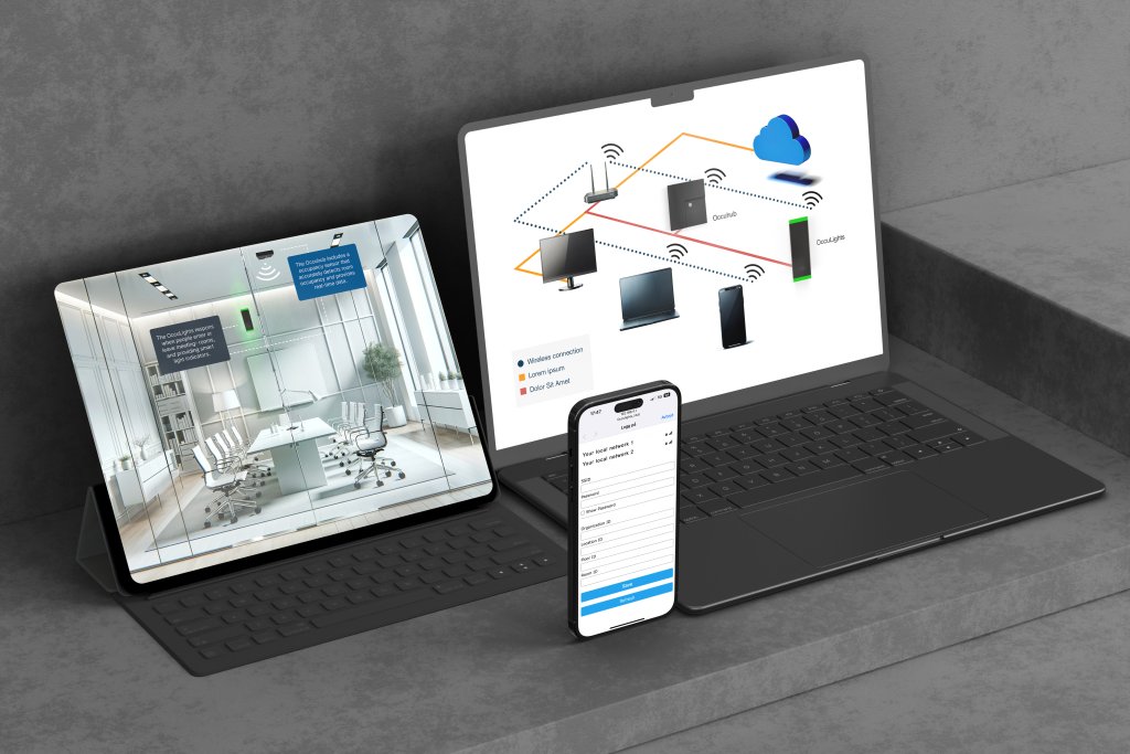 Occulights meeting room system shows space usage data on multiple devices