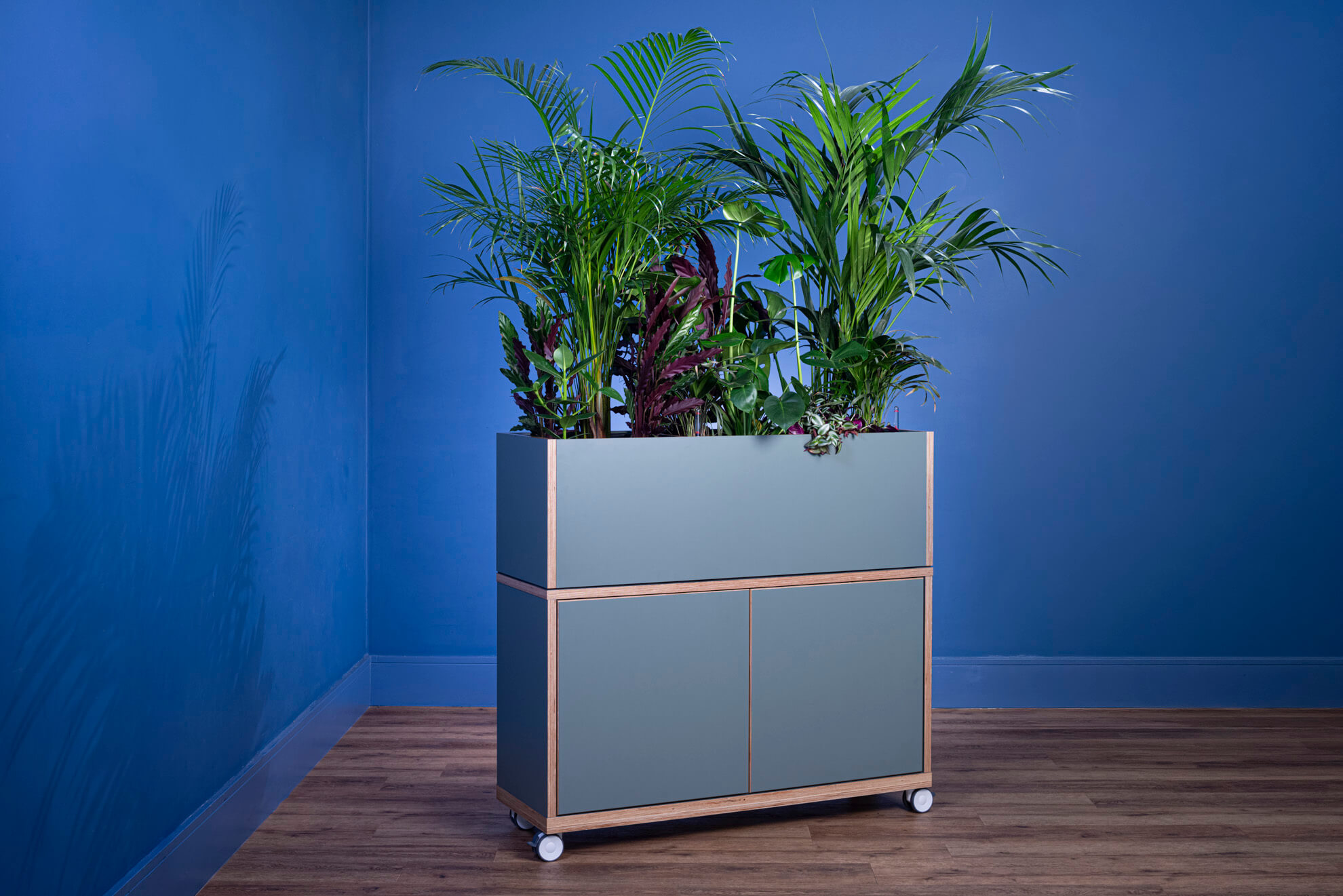 Acoustic planter with storage cupboard